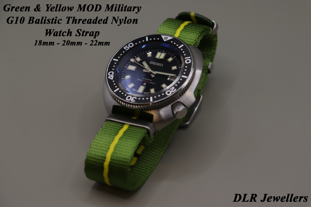 Army Ballistic Threaded Nylon Green & Yellow MOD G10 Watch Strap 18-20-22mm
