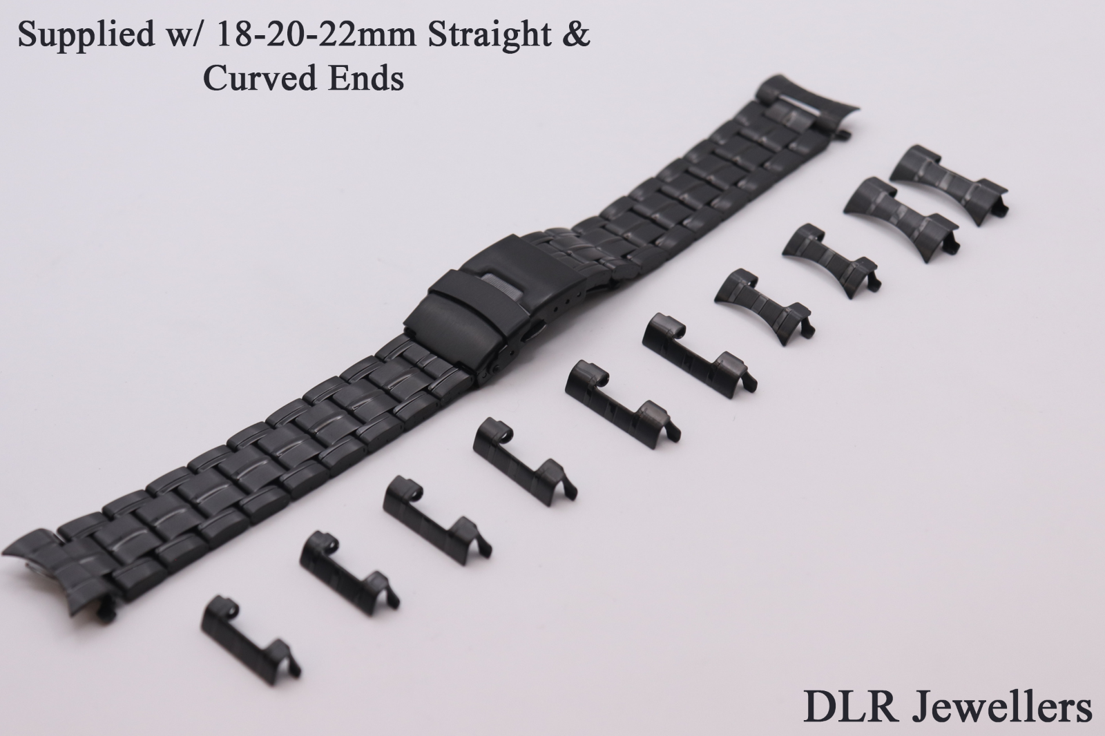 Black Metal Semi Solid Link Watch Straps w/ 18-20-22mm Curved & Straight Ends
