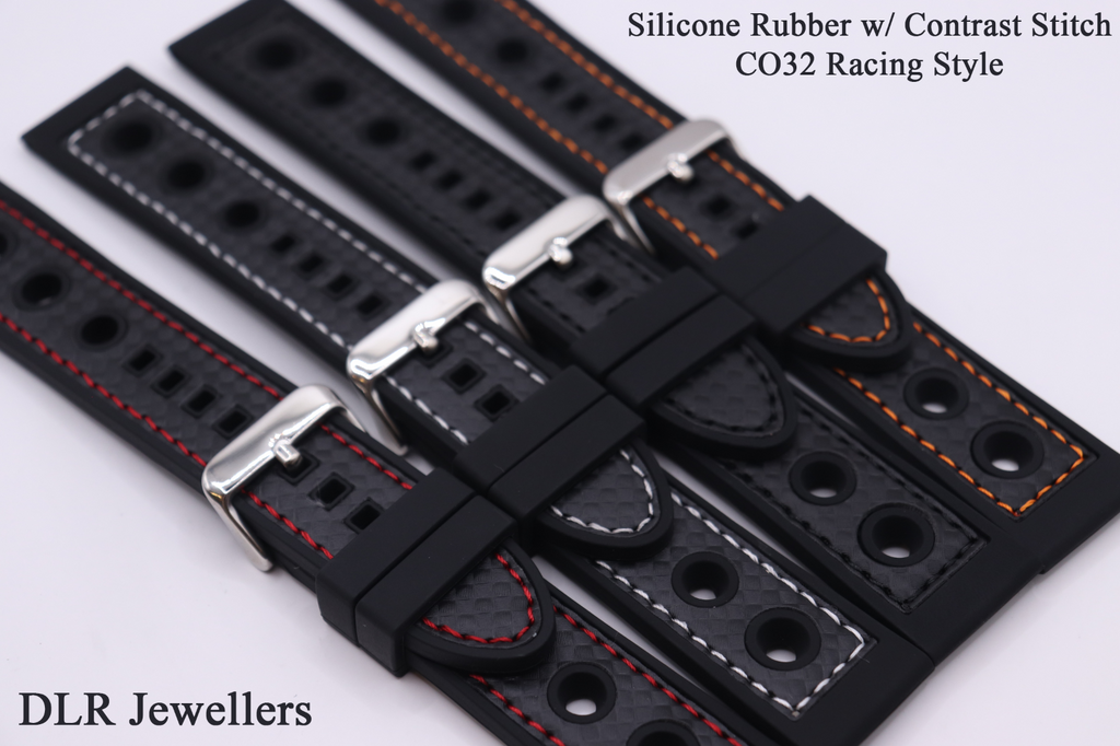 Black Silicone Rubber Contrast Stitched Waterproof CO32 Racing Watch Straps