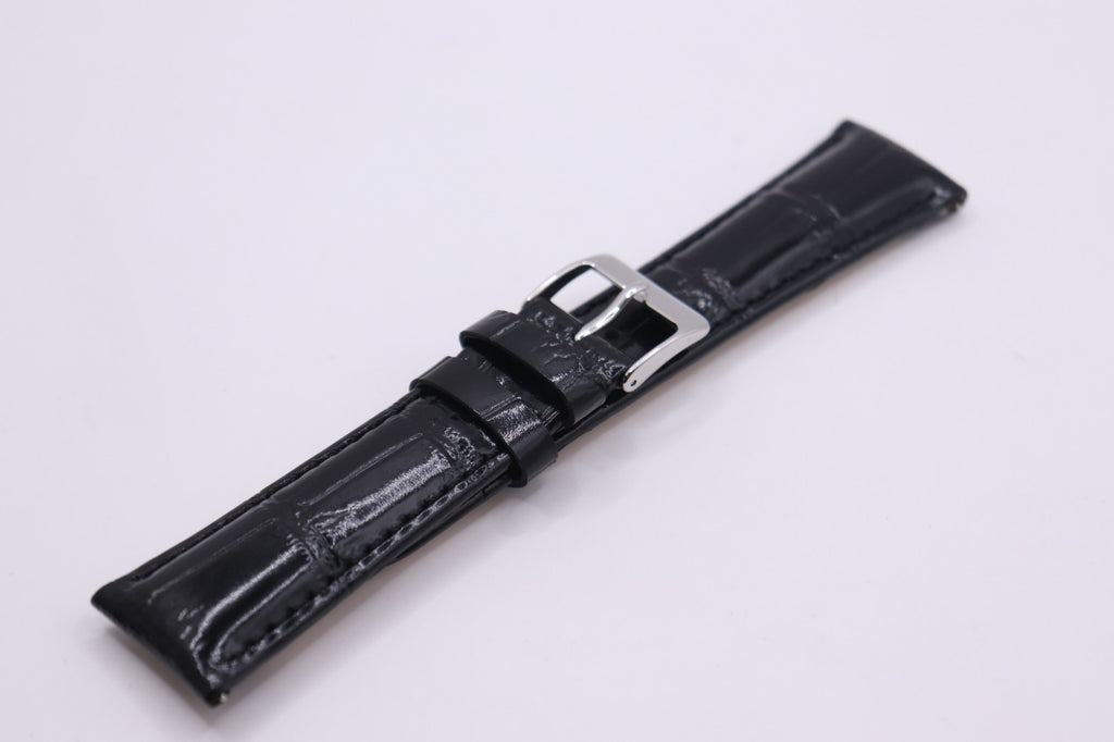 Black High Shine Croc Grain Genuine Italian Calf Leather - ANTI-ALLERGY- 18-24mm