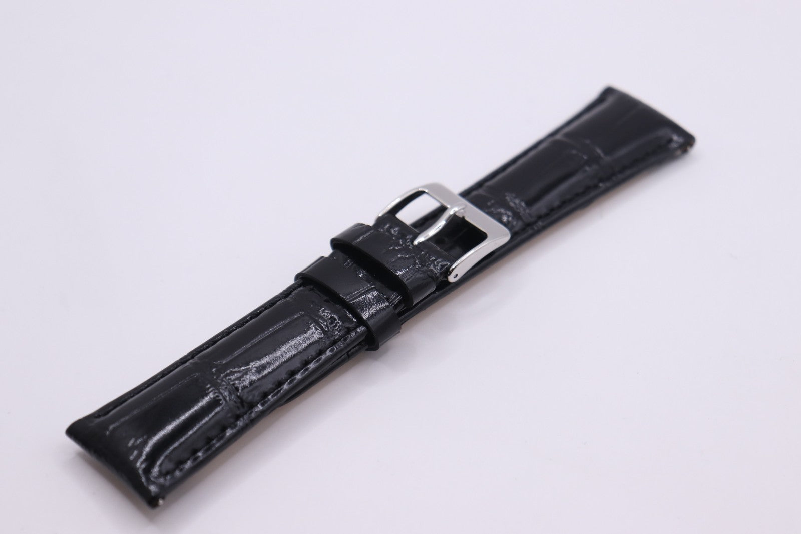 Black High Shine Croc Grain Genuine Italian Calf Leather - ANTI-ALLERGY- 18-24mm