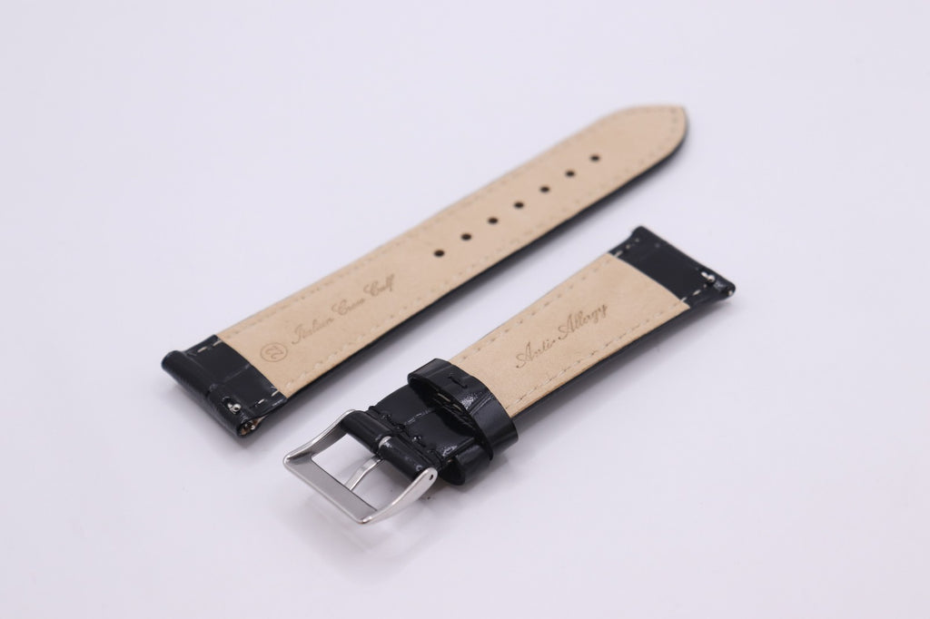 Black High Shine Croc Grain Genuine Italian Calf Leather - ANTI-ALLERGY- 18-24mm