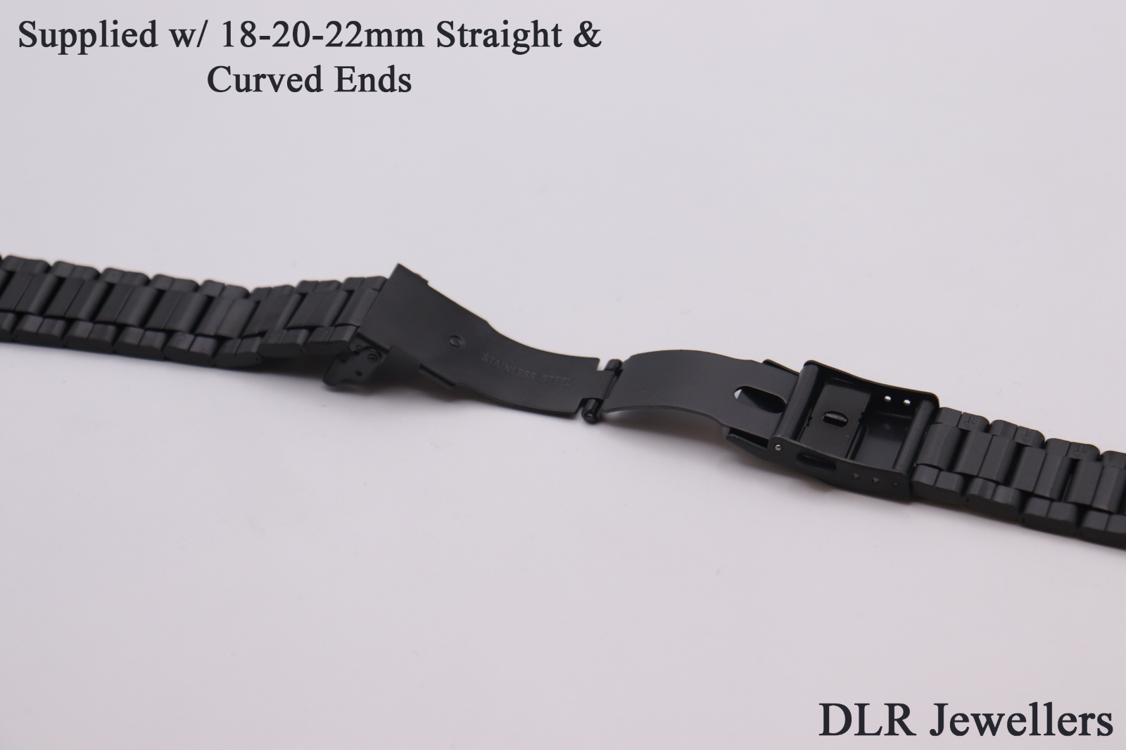 Black Metal Semi Solid Link Watch Straps w/ 18-20-22mm Curved & Straight Ends