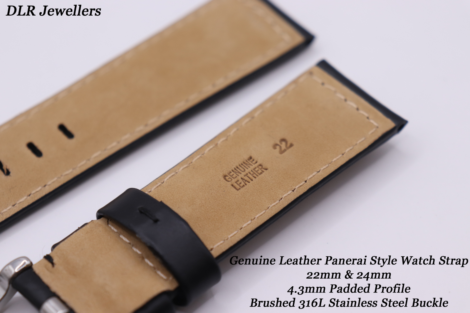 Black Genuine Leather Luxury PANERAI Style Padded Watch Strap 22mm & 24mm