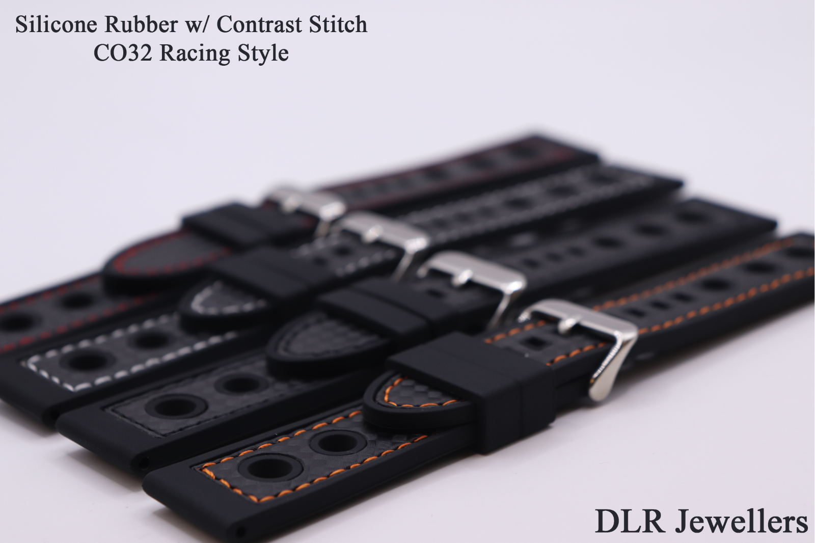 Black Silicone Rubber Contrast Stitched Waterproof CO32 Racing Watch Straps