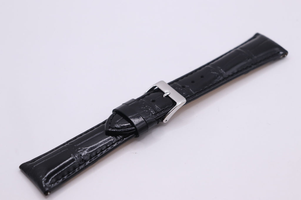 Black High Shine Croc Grain Genuine Italian Calf Leather - ANTI-ALLERGY- 18-24mm