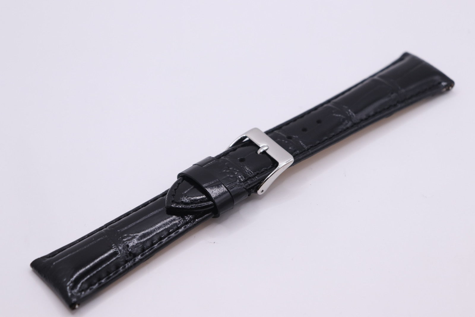 Black High Shine Croc Grain Genuine Italian Calf Leather - ANTI-ALLERGY- 18-24mm