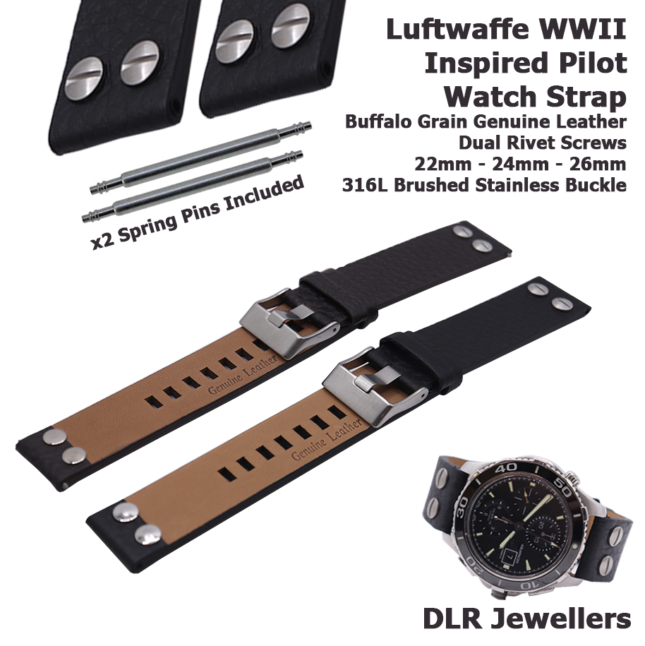 Luftwaffe WWII Pilot - Buffalo Grain Premium Leather Watch Strap w/ Screw Rivets