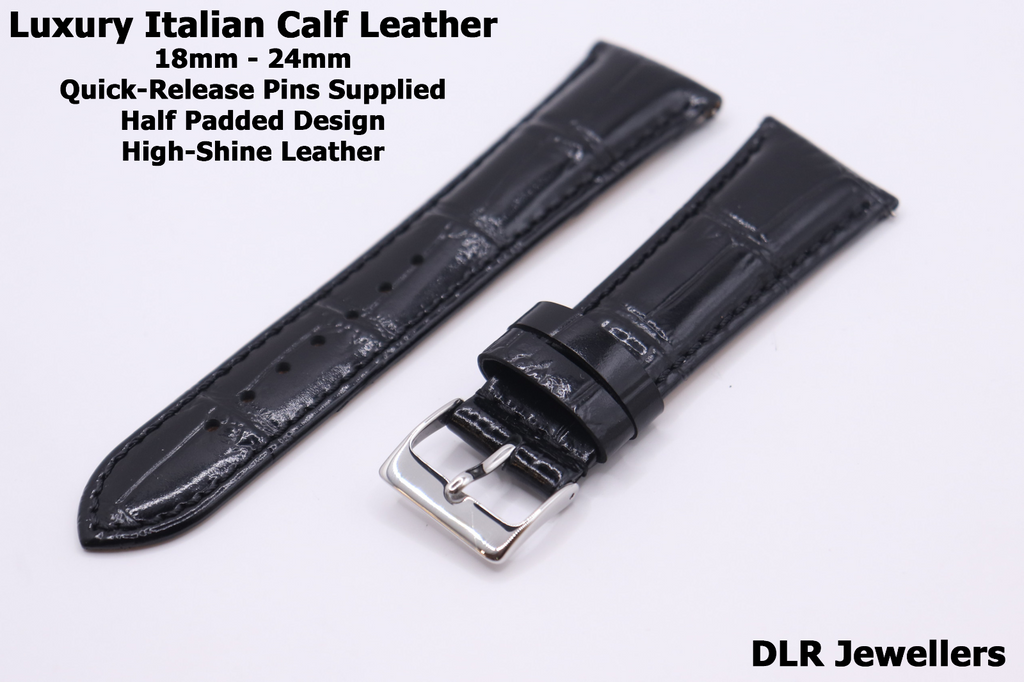 Black High Shine Croc Grain Genuine Italian Calf Leather - ANTI-ALLERGY- 18-24mm