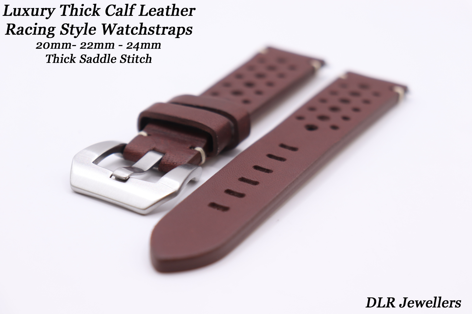 LUXURY 4mm Saddle Stitched Brown Calf Leather Perforated Watch Strap 20-22-24mm