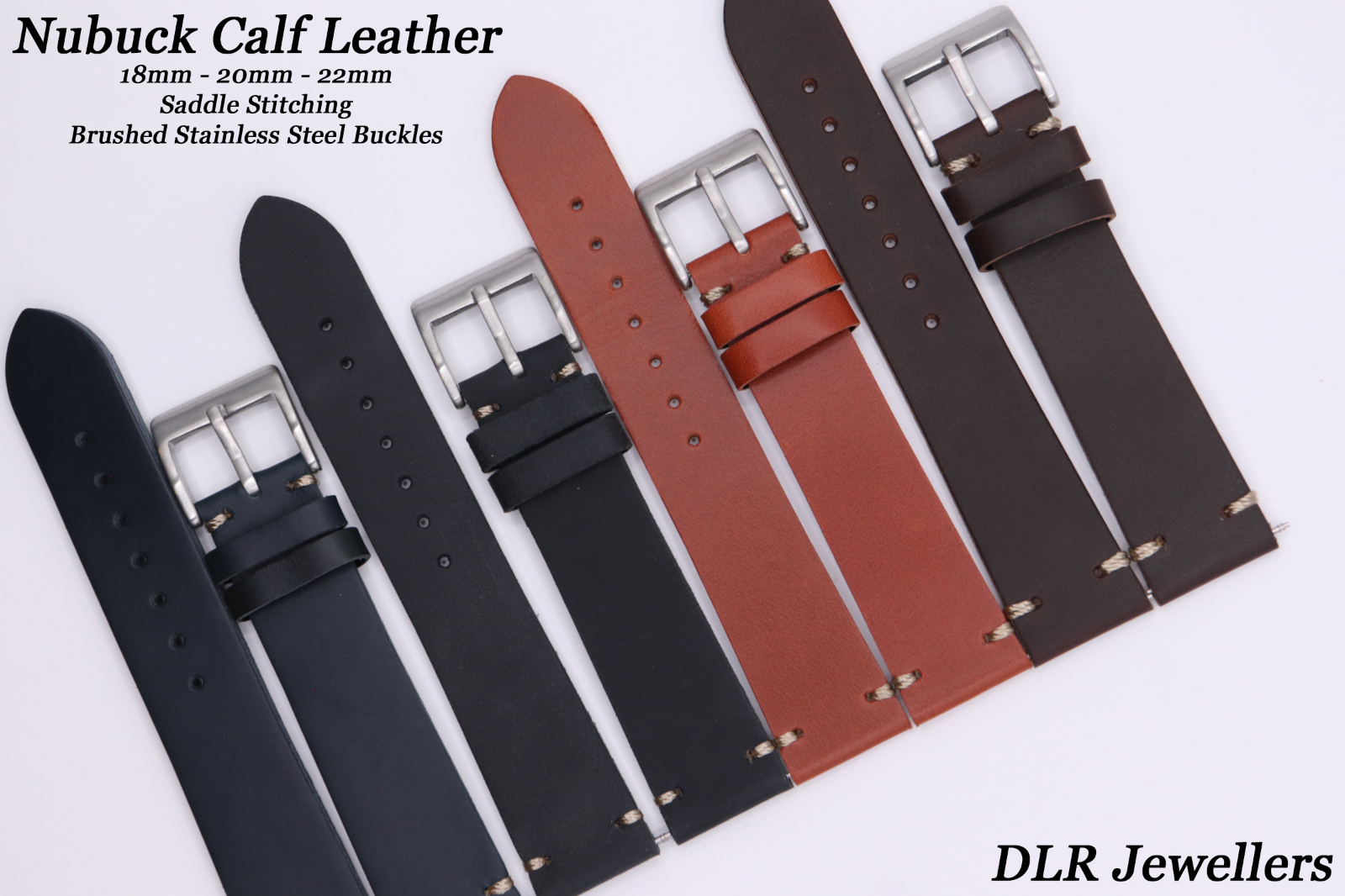 GENUINE Calf Leather Smooth Watch Strap Saddle Corner Stitch 18mm - 20mm - 22mm