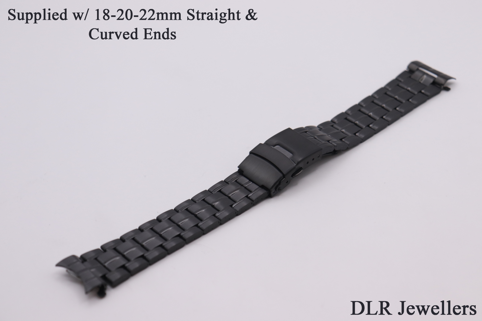 Black Metal Semi Solid Link Watch Straps w/ 18-20-22mm Curved & Straight Ends
