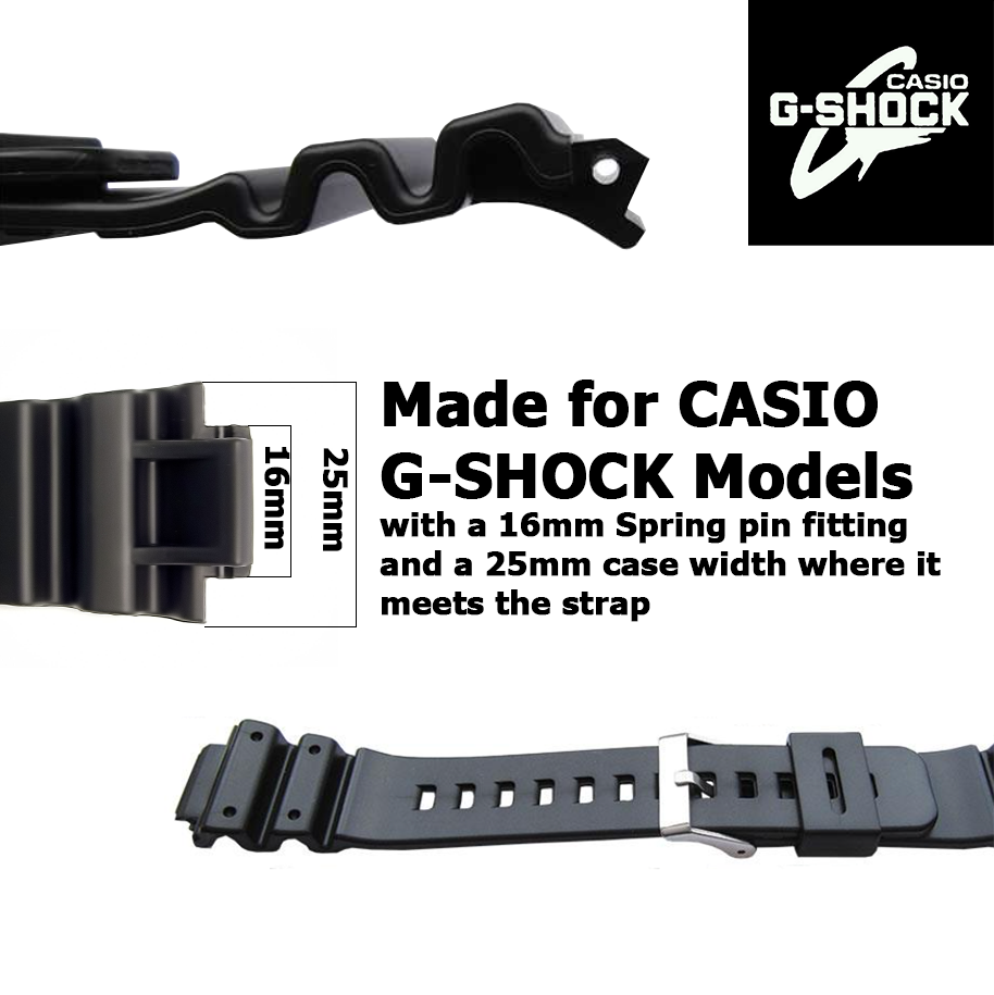 Black Resin Watch Strap for CASIO G-SHOCK Models, 16mm Fitting w/ 25mm Shoulders
