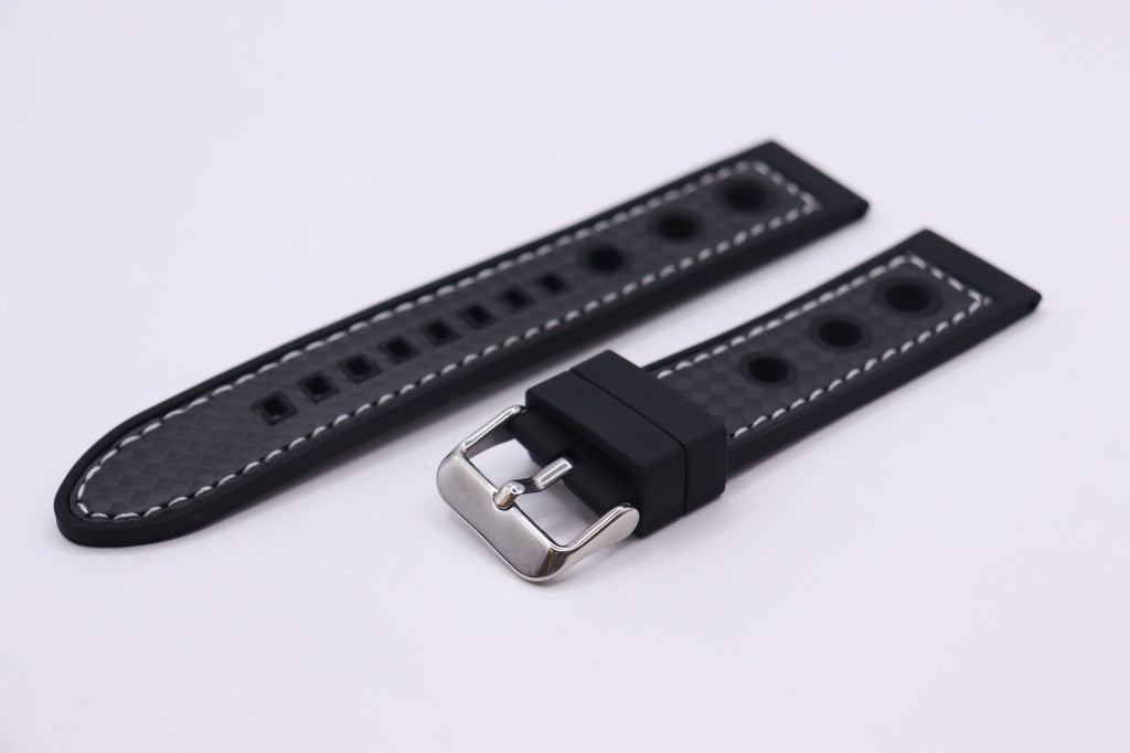 Black Silicone Rubber Contrast Stitched Waterproof CO32 Racing Watch Straps