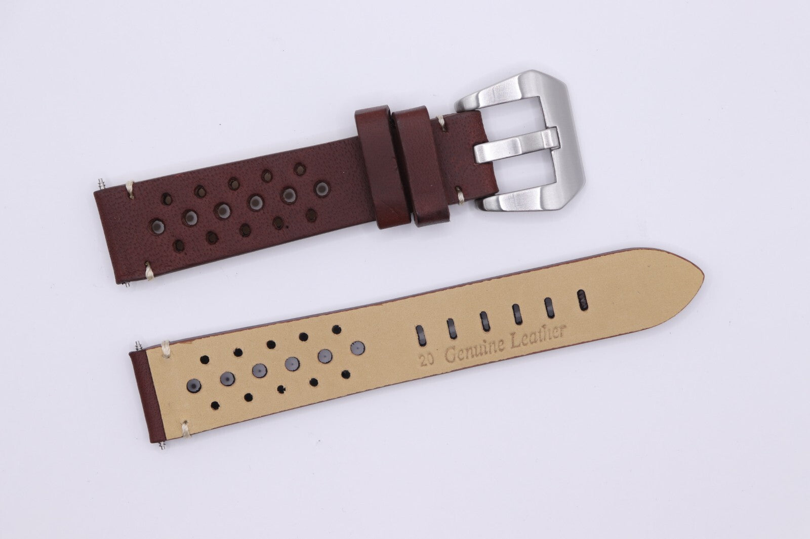LUXURY 4mm Saddle Stitched Brown Calf Leather Perforated Watch Strap 20-22-24mm