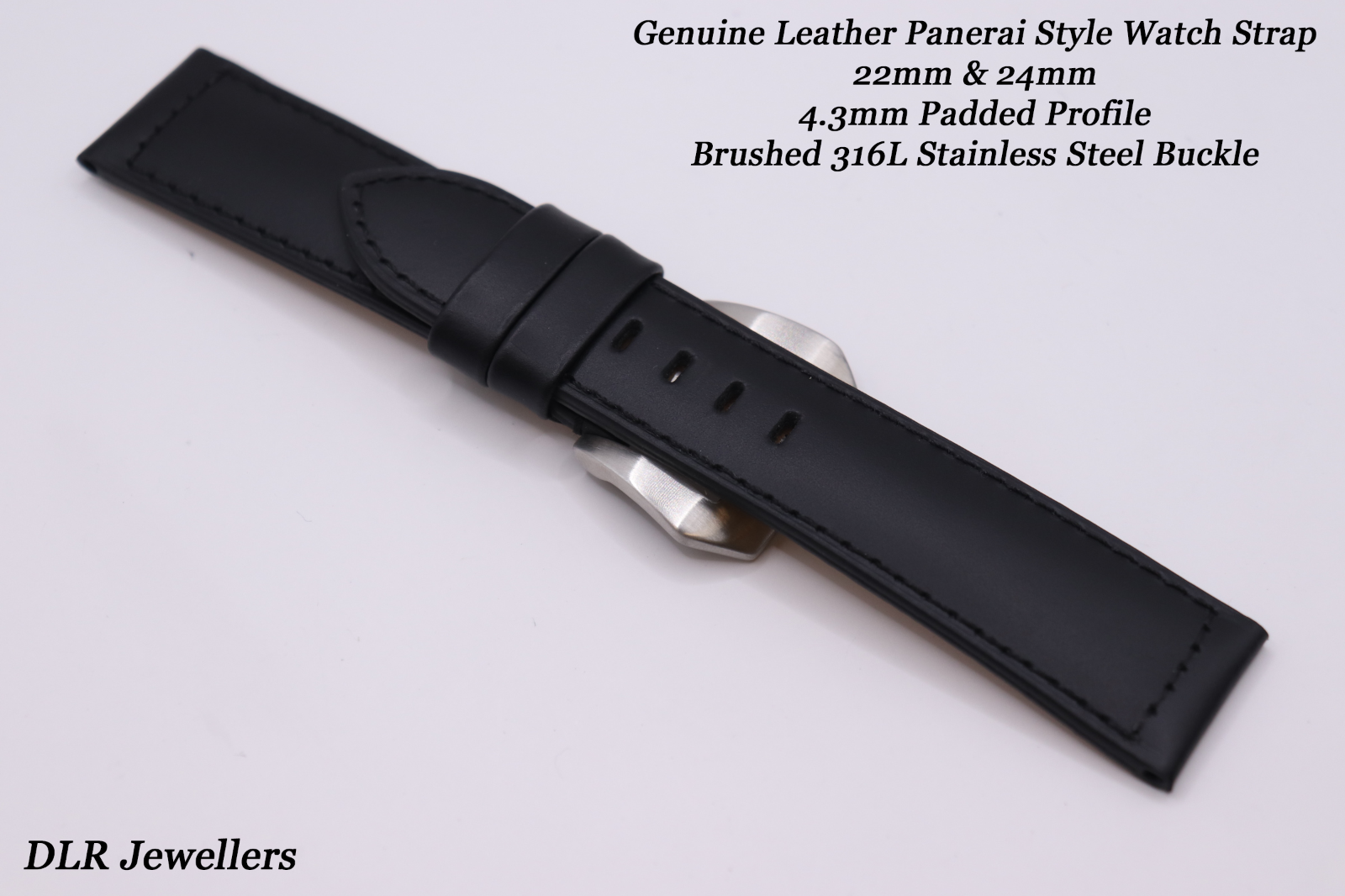Black Panerai Style - Luxury Leather Watch Strap - 22mm & 24mm - Heavy Buckle