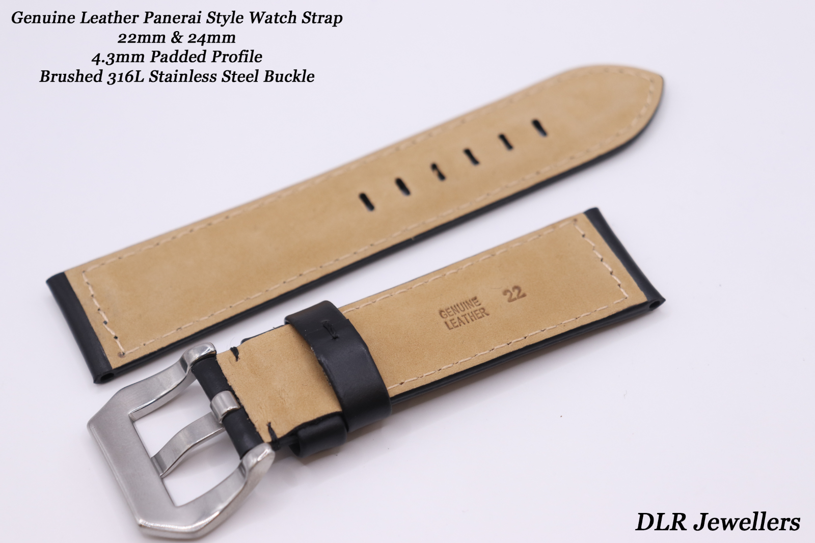 Black Genuine Leather Luxury PANERAI Style Padded Watch Strap 22mm & 24mm