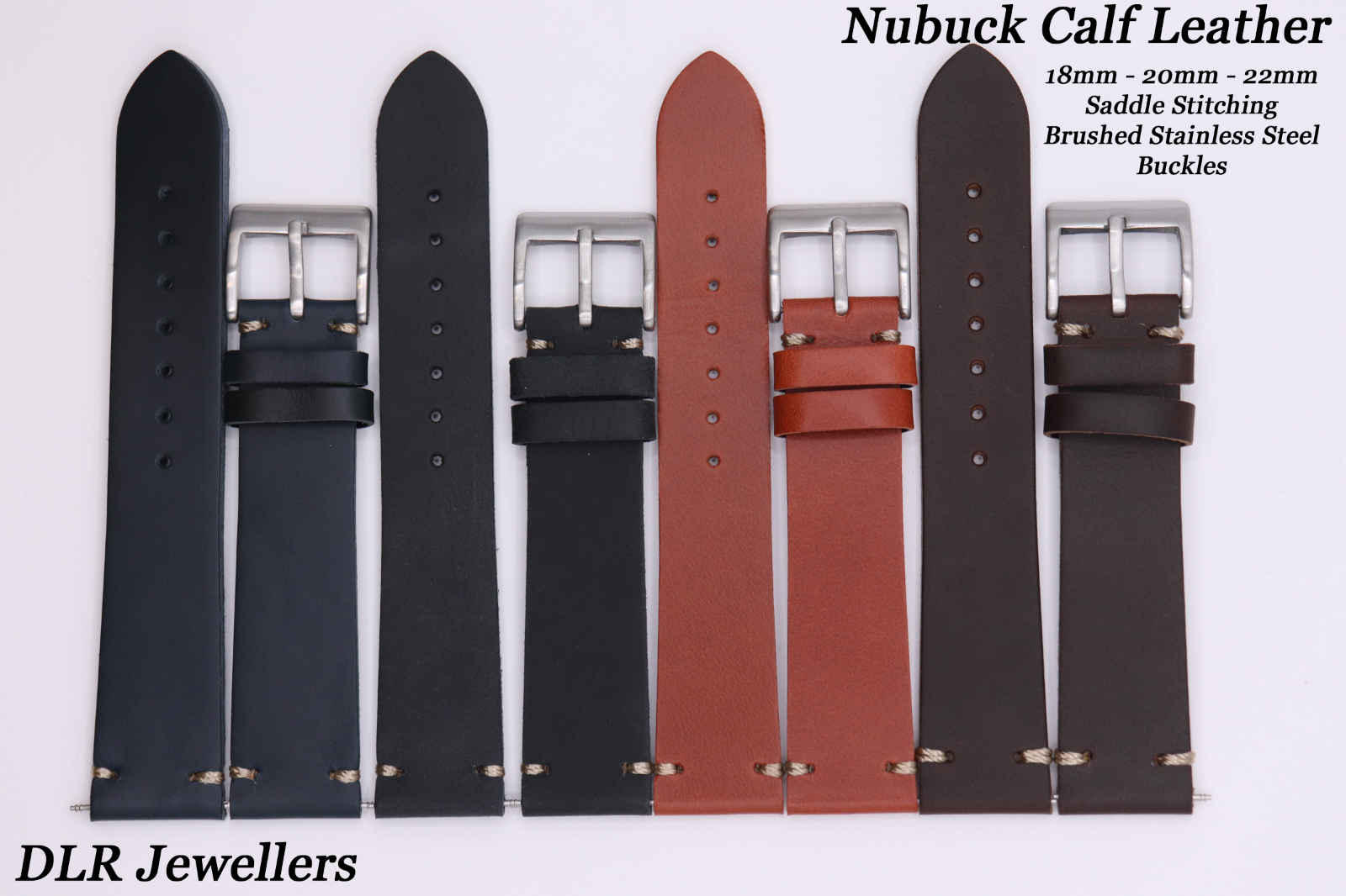 GENUINE Calf Leather Smooth Watch Strap Saddle Corner Stitch 18mm - 20mm - 22mm