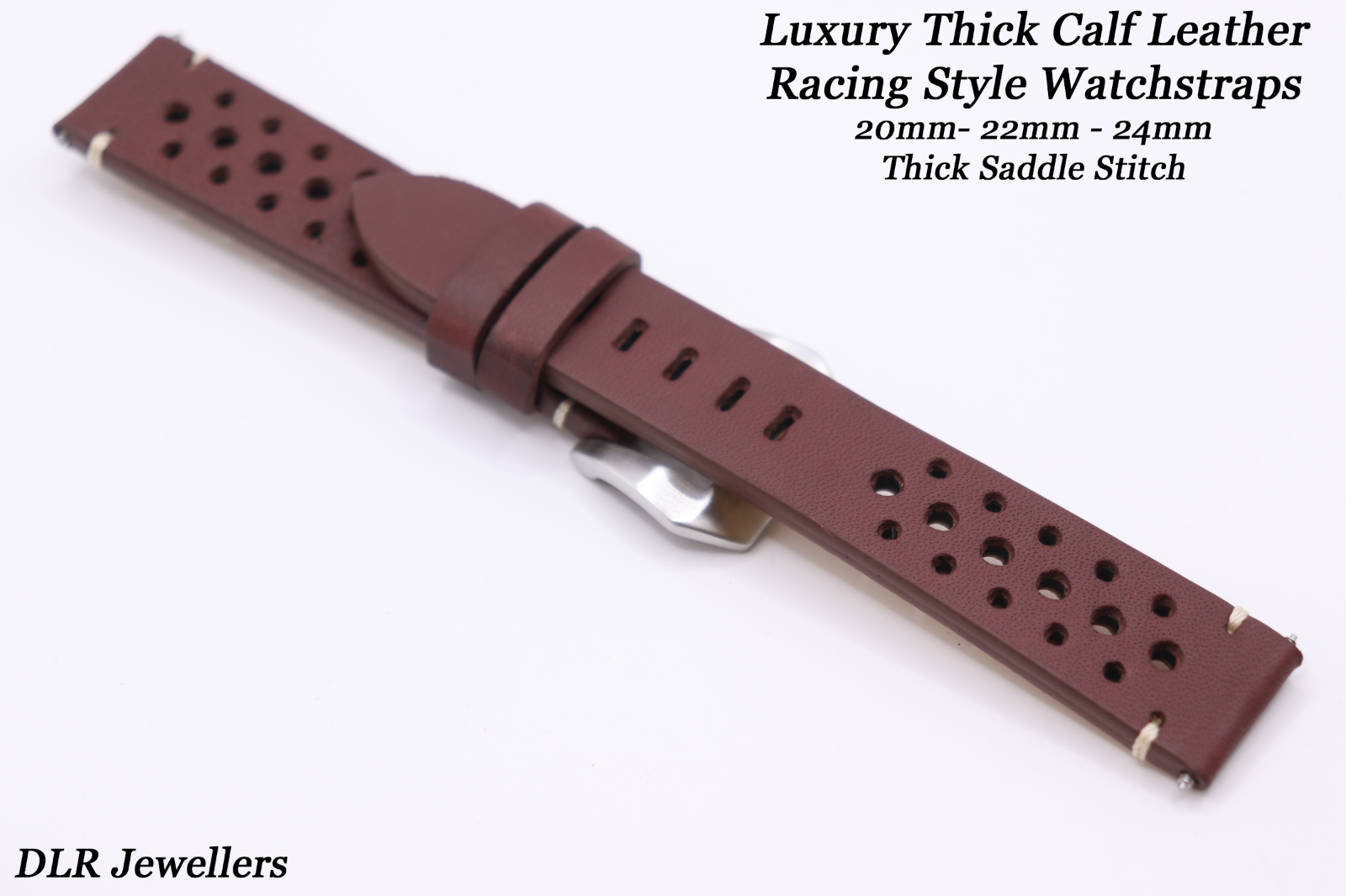 LUXURY 4mm Saddle Stitched Brown Calf Leather Perforated Watch Strap 20-22-24mm
