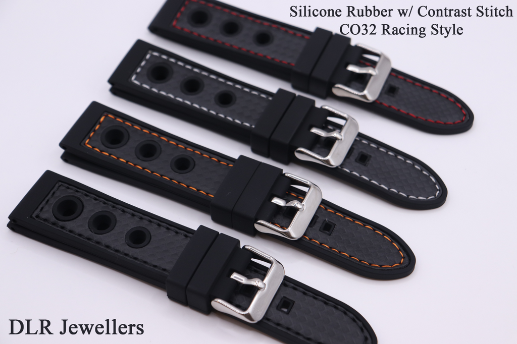 Black Silicone Rubber Contrast Stitched Waterproof CO32 Racing Watch Straps