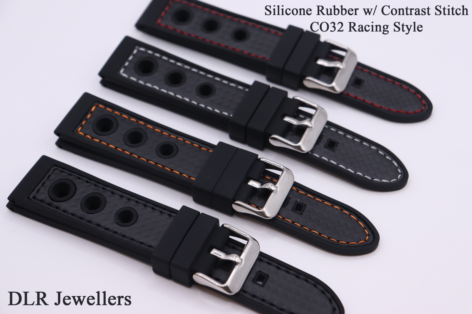 Black Silicone Rubber Contrast Stitched Waterproof CO32 Racing Watch Straps