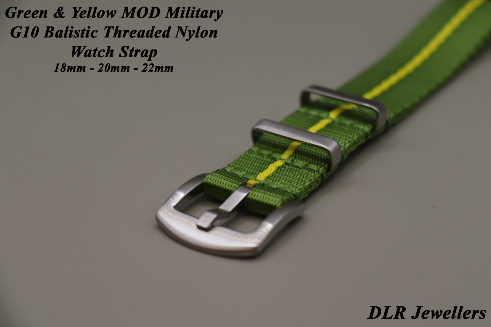 Army Ballistic Threaded Nylon Green & Yellow MOD G10 Watch Strap 18-20-22mm