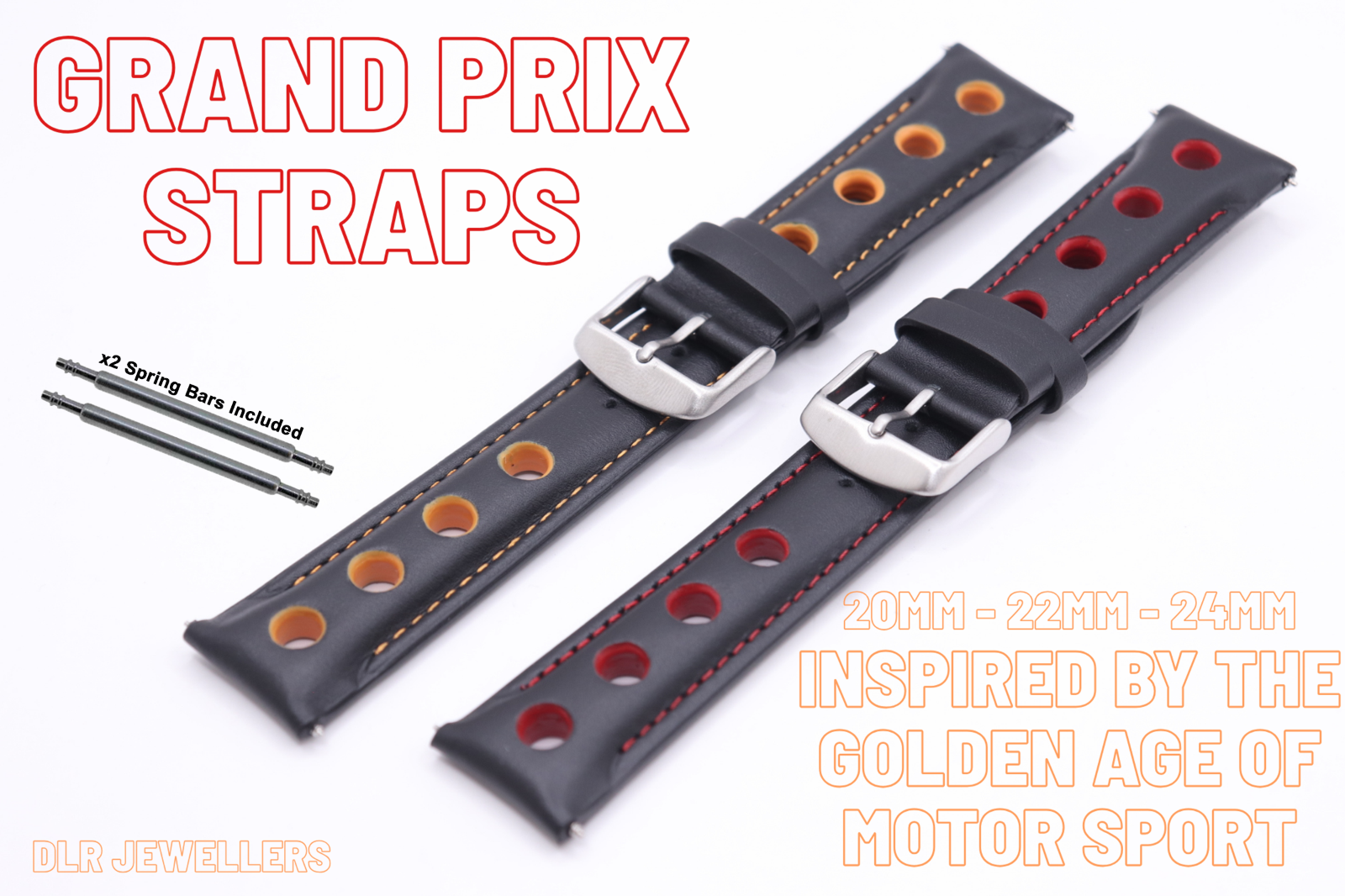 British Grand Prix Race Rally Watchstraps - Genuine Leather - Red & Orange +Pins