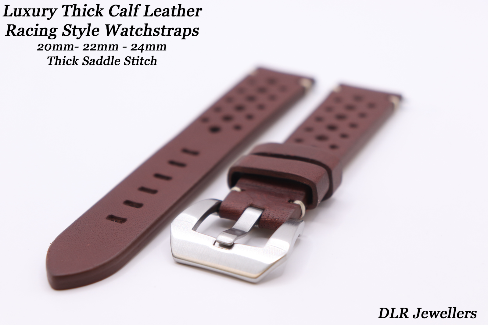 LUXURY 4mm Saddle Stitched Brown Calf Leather Perforated Watch Strap 20-22-24mm