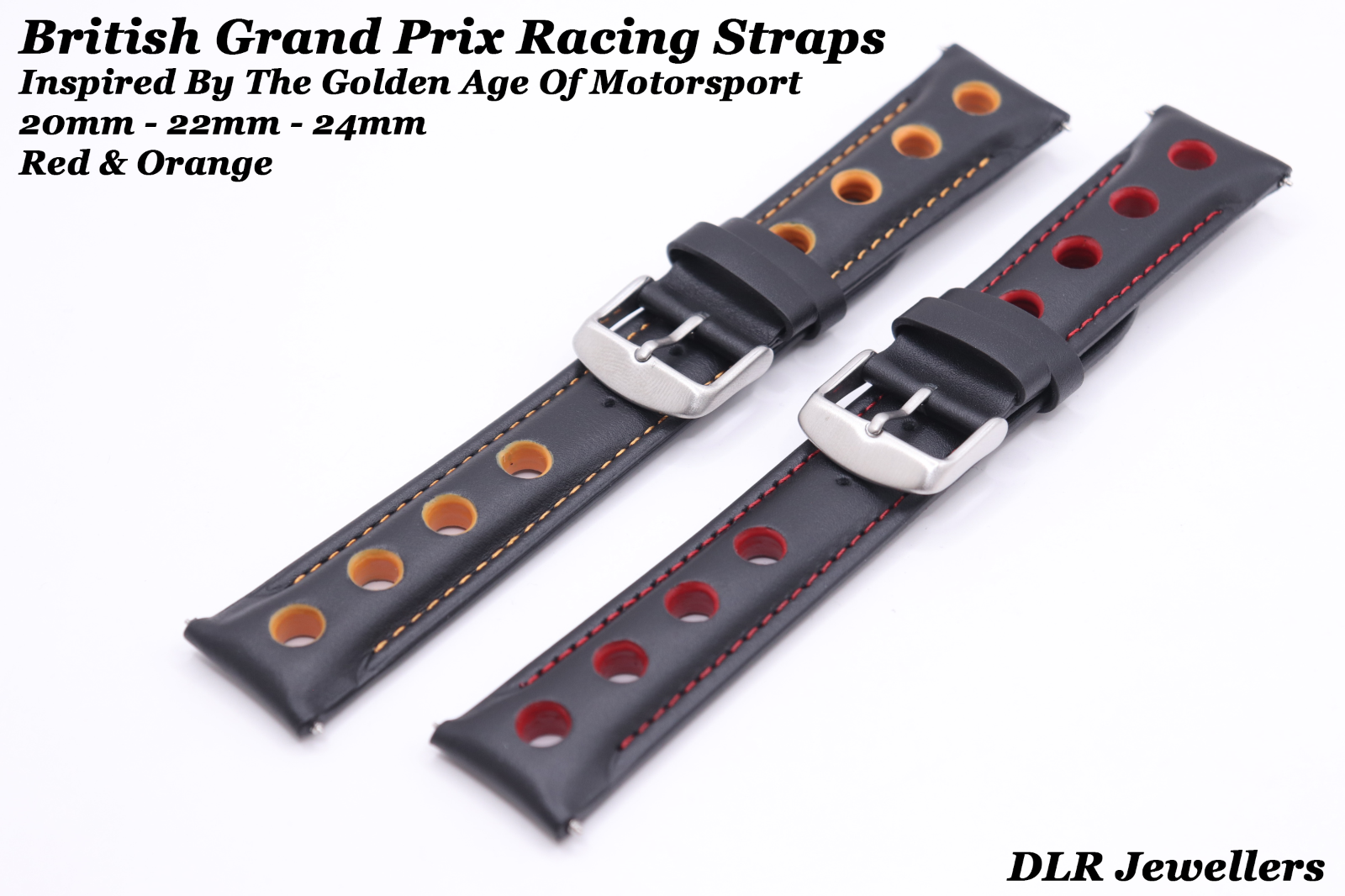British Grand Prix Race Rally Watchstraps - Genuine Leather - Red & Orange +Pins